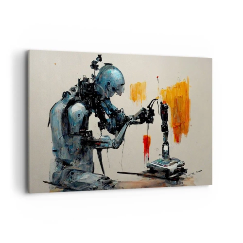 Impression sur toile - Image sur toile - Robot au travail avec un arrière-plan abstrait - 120x80cm - Déjà demain… - Décoration murale moderne pour le salon et la chambre ARTTOR