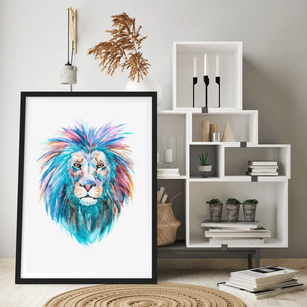Affiche dans un cadre noir - Poster - Un lion à l'aquarelle colorée sur fond blanc - 50x70cm - Aura électrique - Décoration murale moderne pour le salon et la chambre ARTTOR