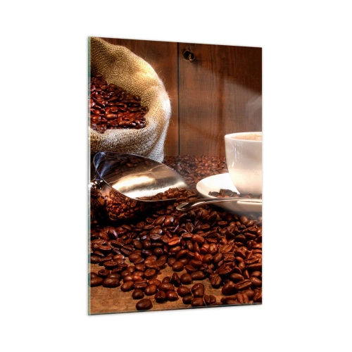 Impression sur verre - Image sur verre - Une tasse de café sur fond de haricots et d'un sac en jute - 50x70cm - Sentez-vous cette odeur? - Décoration murale moderne pour le salon et la chambre ARTTOR