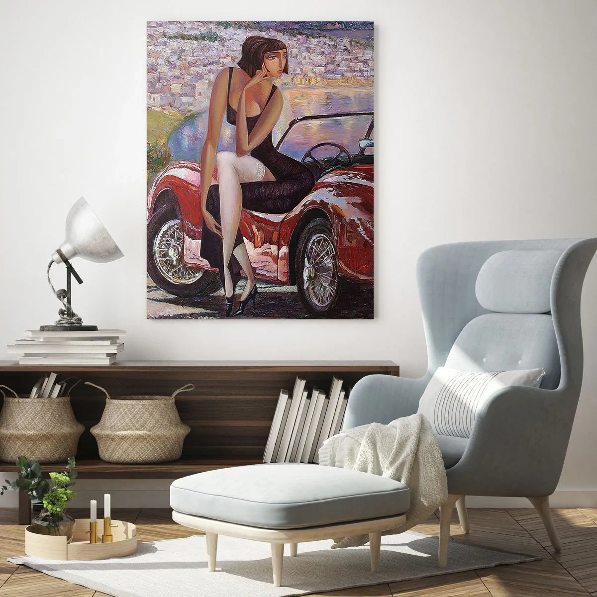 Impression sur verre - Image sur verre - Une femme et un chien près d'une voiture rouge avec un paysage en arrière-plan. - 50x70cm - L'été? Uniquement sur la Côte d'Azur - Décoration murale moderne pour le salon et la chambre ARTTOR