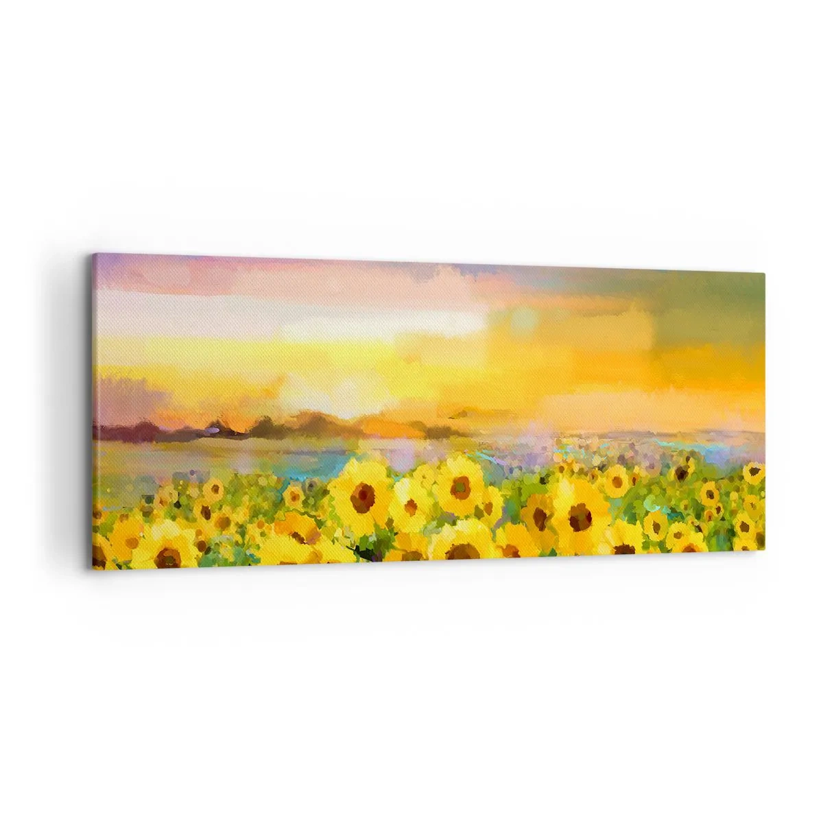 Impression sur toile - Image sur toile - Un champ de tournesols à la lumière du soleil couchant - 120x50cm - Le soleil lui-même est descendu sur terre - Décoration murale moderne pour le salon et la chambre ARTTOR