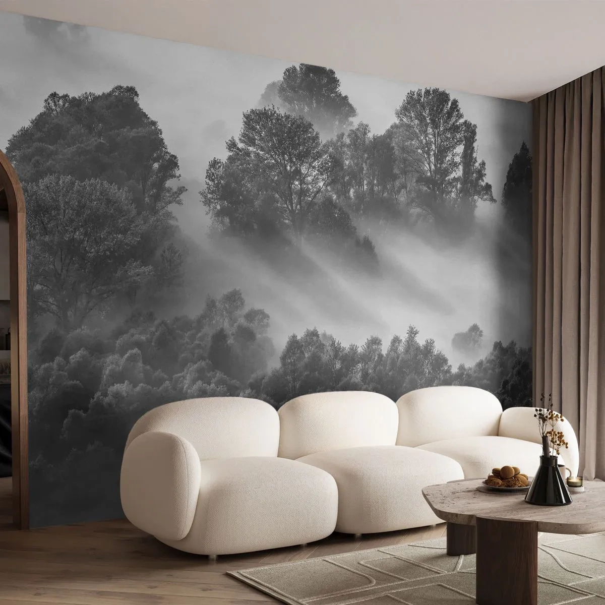 Papier Peint Photo Premium Sand - Une forêt noire et blanche enveloppée de brouillard avec des rayons de lumière - 100x70cm - Sortir de son sommeil - Décoration murale moderne pour le salon et la chambre ARTTOR