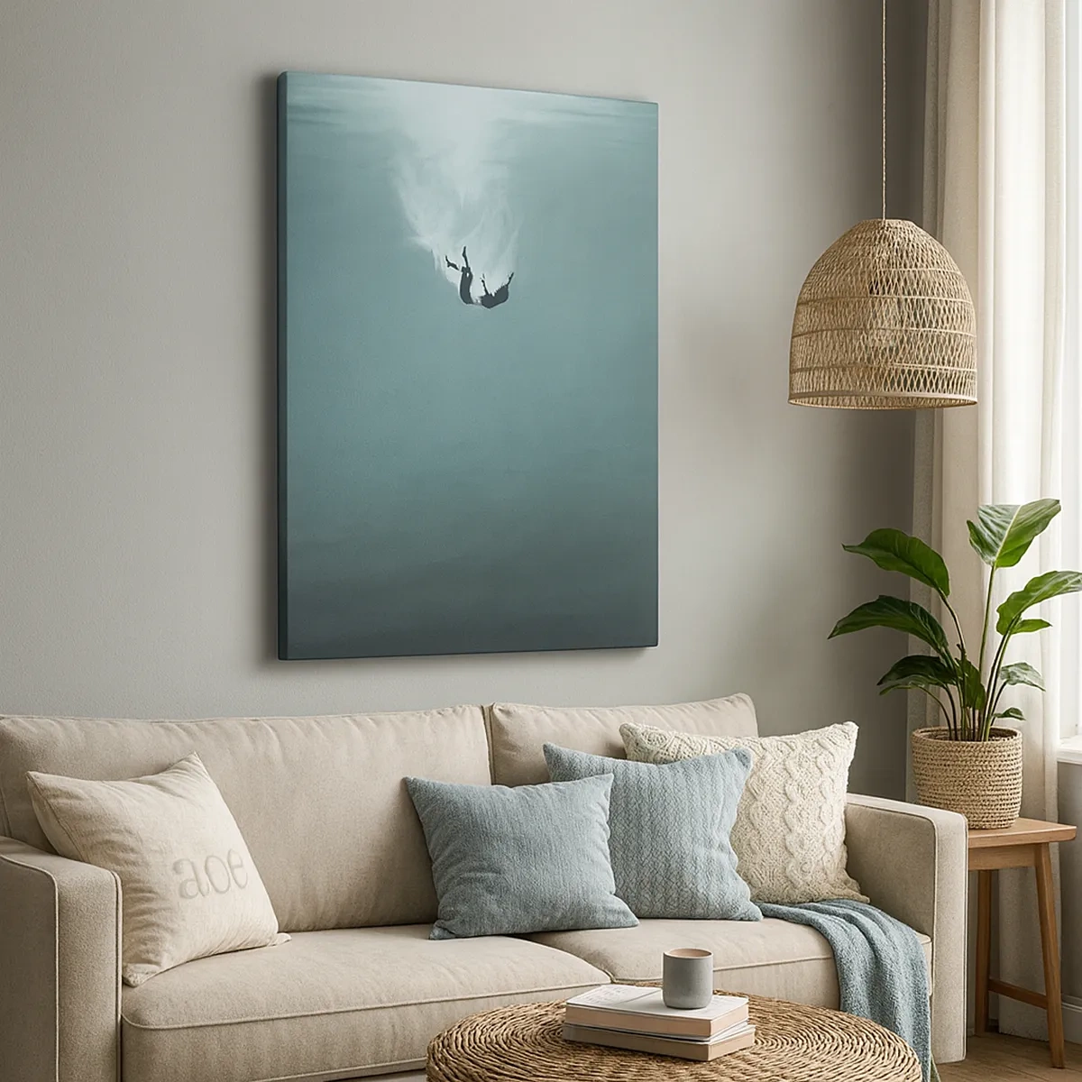 Impression sur toile - Image sur toile - Une silhouette immergée dans une eau turquoise profonde - 50x70cm - Dans les bras de l'océan - Décoration murale moderne pour le salon et la chambre ARTTOR