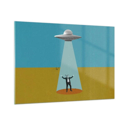 Impression sur verre - Image sur verre - Un homme à la lumière d'une soucoupe spatiale sur un fond coloré - 100x70cm - Rencontre proche - Décoration murale moderne pour le salon et la chambre ARTTOR