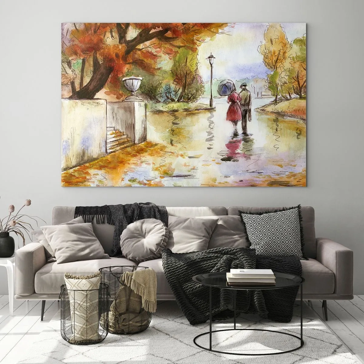 Impression sur verre - Image sur verre - Promenade d'automne d'un couple dans un parc aux feuilles colorées - 120x80cm - Automne romantique dans le parc - Décoration murale moderne pour le salon et la chambre ARTTOR