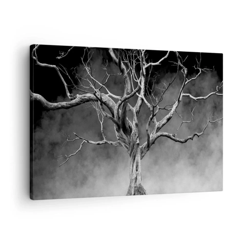 Impression sur toile - Image sur toile - Un arbre sec en noir et blanc contre le brouillard - 70x50cm - Primordial et sacré - Décoration murale moderne pour le salon et la chambre ARTTOR