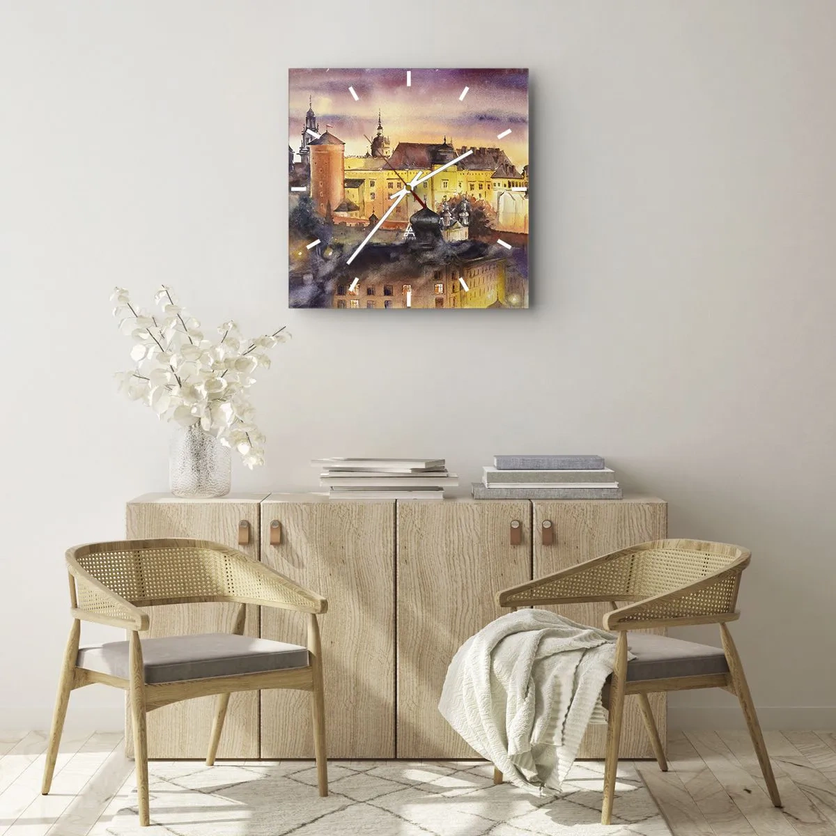 Horloge murale - Pendule murale - Une aquarelle pittoresque d'un château au coucher du soleil - 30x30cm - Histoire et conte de fées - Décoration murale moderne pour le salon et la chambre ARTTOR