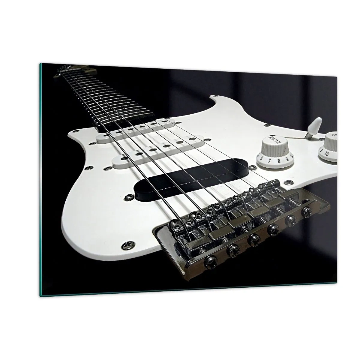 Impression sur verre - Image sur verre - Gros plan d'une guitare électrique blanche sur un fond sombre - 120x80cm - Son caché en blanc - Décoration murale moderne pour le salon et la chambre ARTTOR