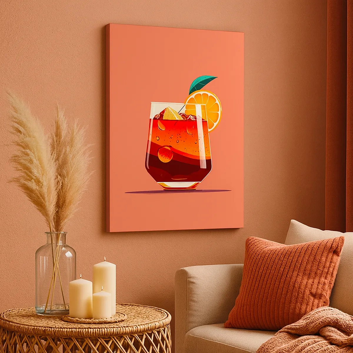 Impression sur toile - Image sur toile - Un verre de boisson et une tranche d'orange sur un fond orange - 50x70cm - Rafraîchissement d'été - Décoration murale moderne pour le salon et la chambre ARTTOR