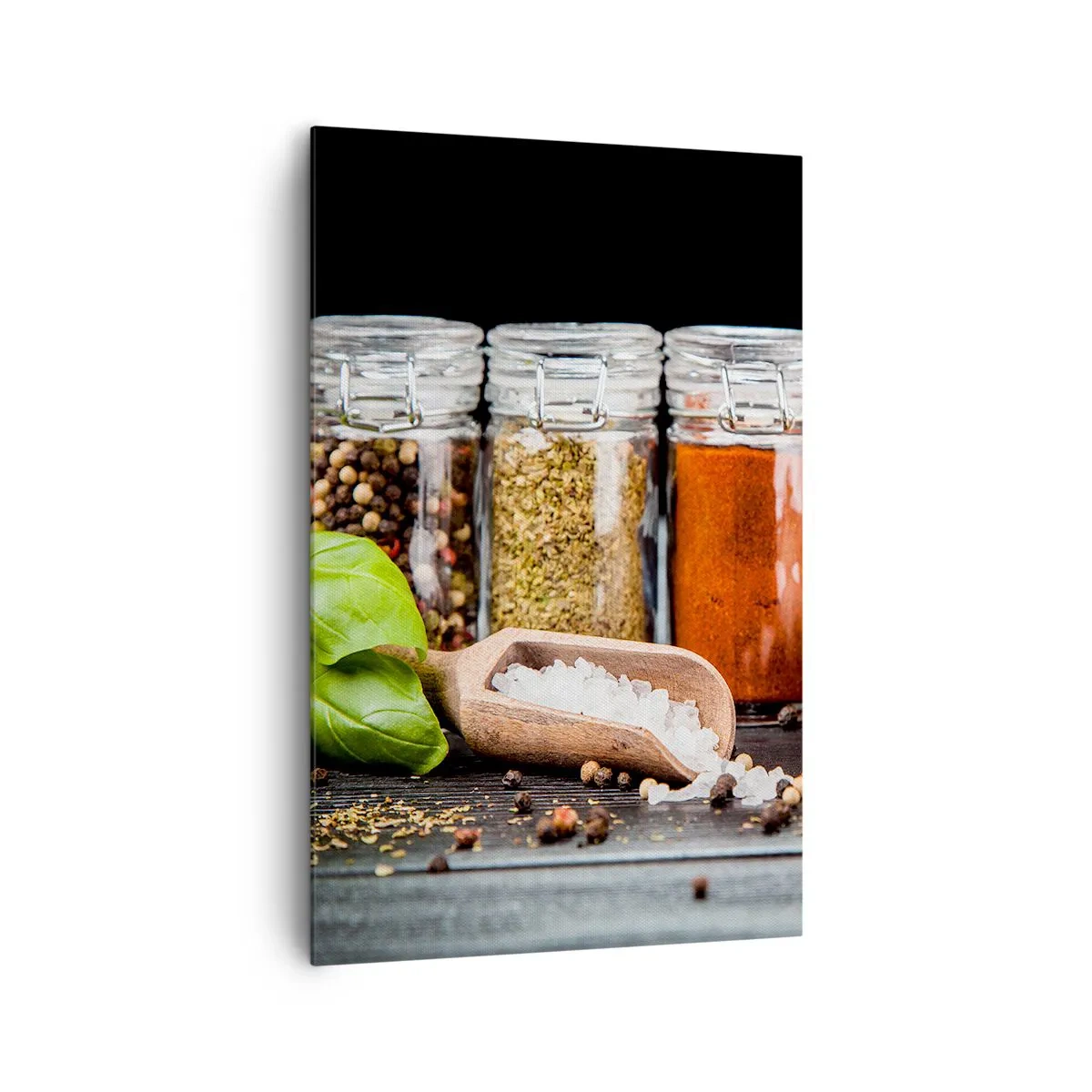 Impression sur toile - Image sur toile - Herbes et épices dans des bocaux en verre sur fond sombre - 80x120cm - Pour que la vie ait du goût - Décoration murale moderne pour le salon et la chambre ARTTOR
