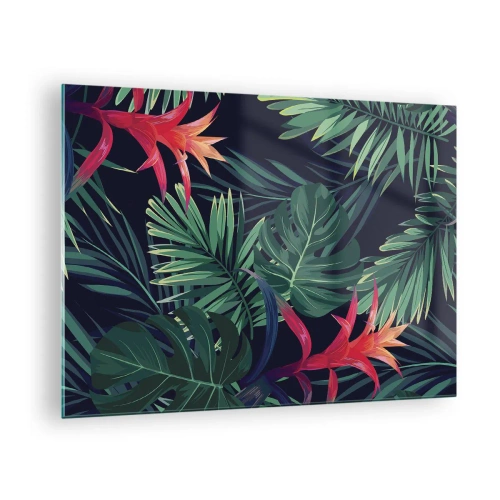 Impression sur verre - Image sur verre - Feuilles et fleurs exotiques sur fond sombre - 70x50cm - immergé dans la nature - Décoration murale moderne pour le salon et la chambre ARTTOR