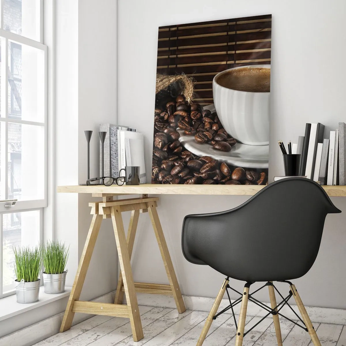 Impression sur verre - Image sur verre - Une tasse de café avec des grains sur un fond rustique - 50x70cm - La noirceur du charbon, la clarté de l'ambre - Décoration murale moderne pour le salon et la chambre ARTTOR