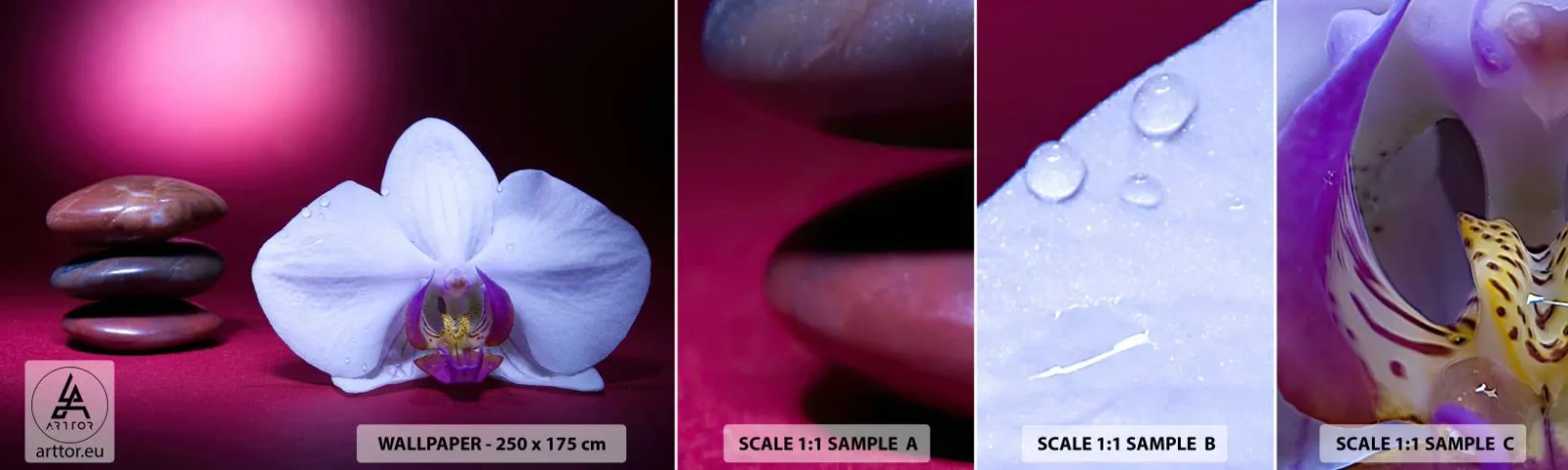 Échantillon De Papier Peint Standard Eco - Une étude de fraîcheur en violet - Fleurs, Spa, Des pierres - 100x30 cm