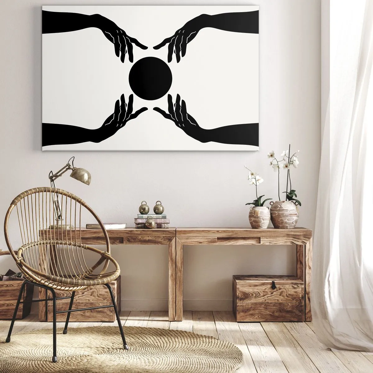 Impression sur toile - Image sur toile - Mains noires dans une composition symétrique avec une boule - 120x80cm - Signe secret - Décoration murale moderne pour le salon et la chambre ARTTOR