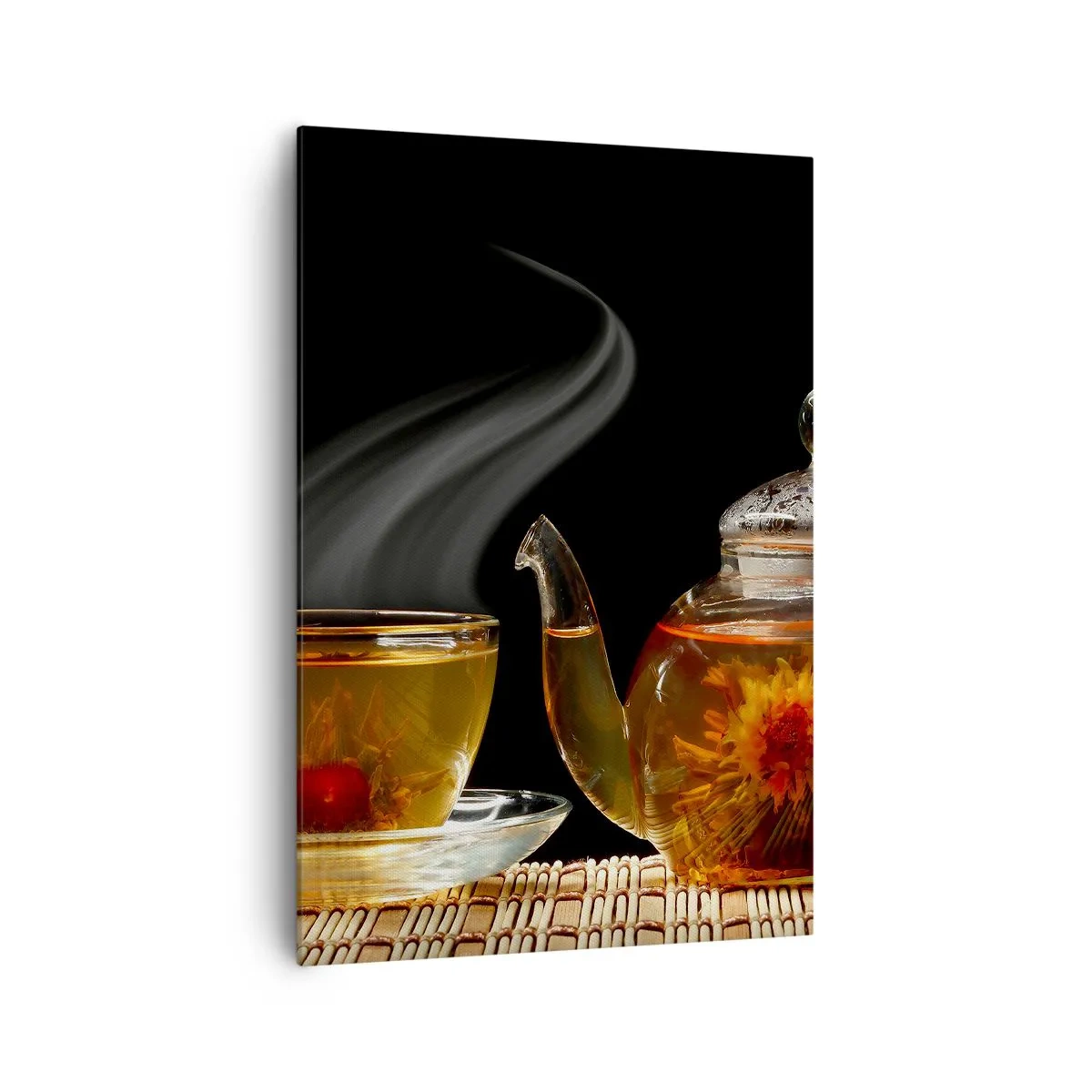 Impression sur toile - Image sur toile - Théière en verre avec thé aux fleurs et une tasse - 70x100cm - La magie et l'art de l'infusion du thé - Décoration murale moderne pour le salon et la chambre ARTTOR