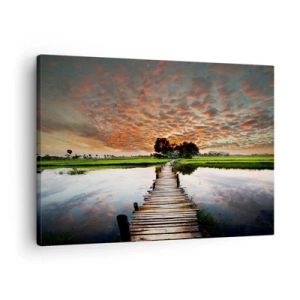 Impression sur toile - Image sur toile - Pont en bois sur l'eau au coucher du soleil - 70x50cm - Étendez vos bras - respirez - Décoration murale moderne pour le salon et la chambre ARTTOR