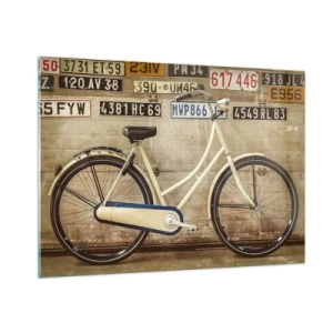 Impression sur verre - Image sur verre - Un vieux vélo contre un mur avec des plaques d'immatriculation - 100x70cm - Pas de complexes - Décoration murale moderne pour le salon et la chambre ARTTOR
