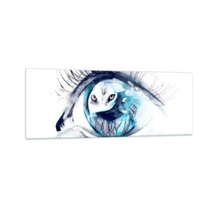 Impression sur verre - Image sur verre - Un œil avec une image d'un hibou dans des tons bleus à l'aquarelle - 140x50cm - Face à face avec la nature sauvage - Décoration murale moderne pour le salon et la chambre ARTTOR