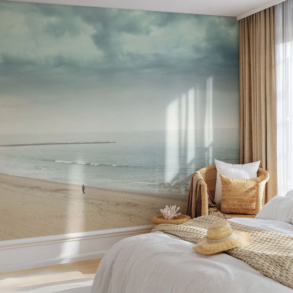Papier Peint Photo Premium Sand - Une silhouette se promène sur une plage déserte sous un ciel nuageux. - 100x70cm - à la recherche de la paix - Décoration murale moderne pour le salon et la chambre ARTTOR