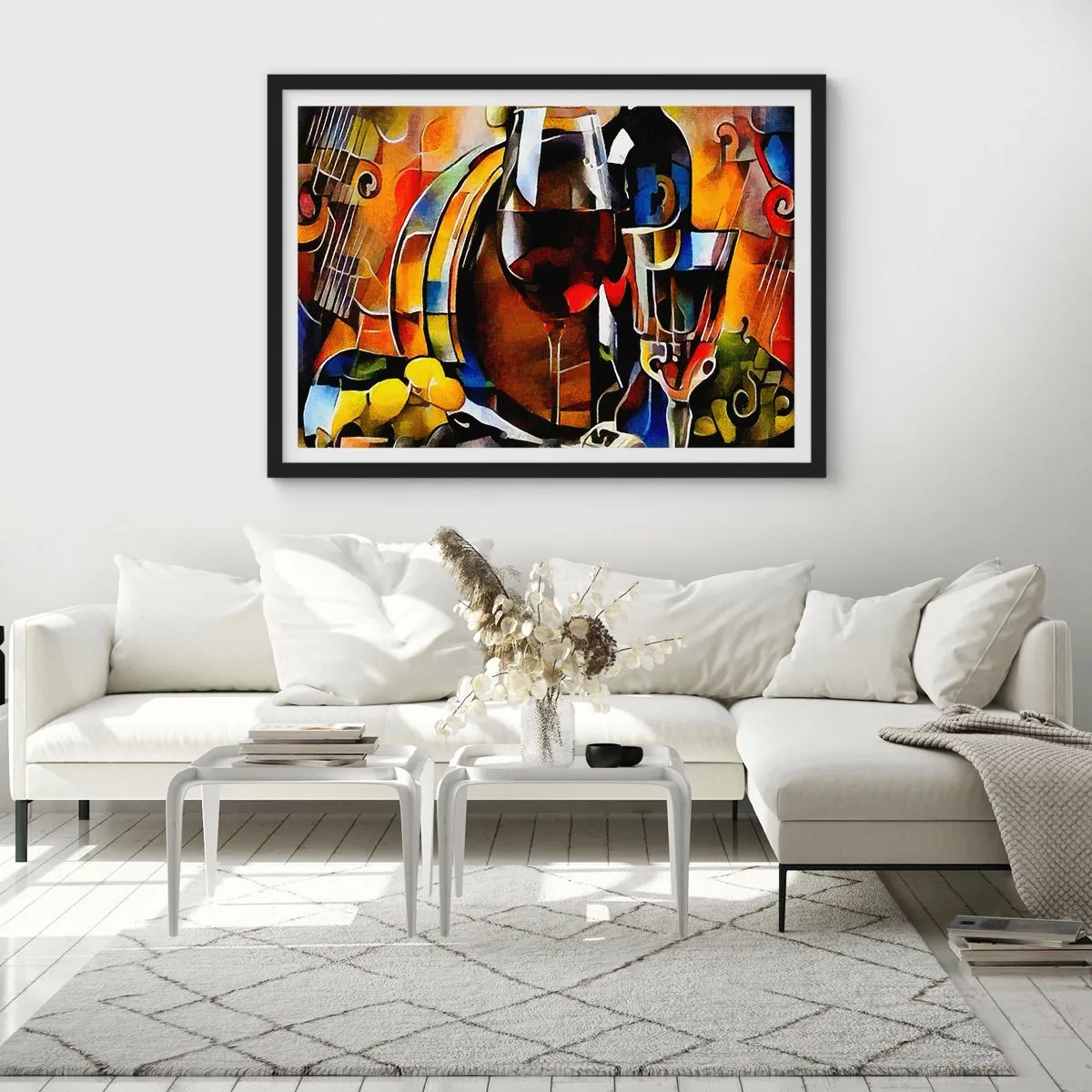 Affiche dans un cadre noir - Poster - Nature morte abstraite avec verres et instruments - 70x50cm - Et le monde prend des couleurs - Décoration murale moderne pour le salon et la chambre ARTTOR