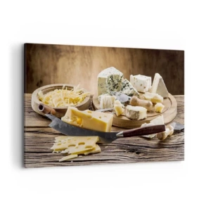 Impression sur toile - Image sur toile - Un plateau de fromages avec différents types sur une table en bois - 120x80cm - Sourire au fromage - Décoration murale moderne pour le salon et la chambre ARTTOR