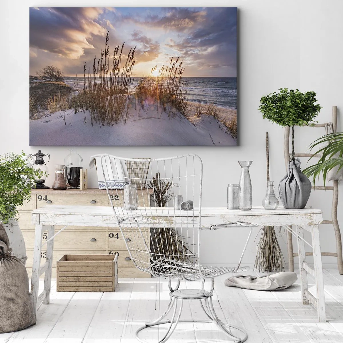 Impression sur toile - Image sur toile - Dunes avec des herbes sur fond de soleil couchant - 120x80cm - Salutations du soleil et du vent - Décoration murale moderne pour le salon et la chambre ARTTOR