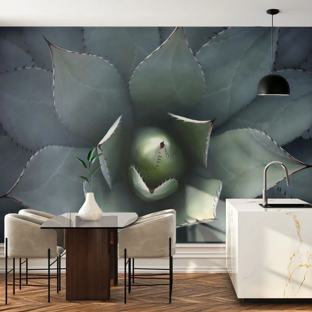 Papier Peint Photo Premium Sand - Motif d'agave symétrique avec des feuilles pointues dans des tons de vert - 100x70cm - Wabi et observe - Décoration murale moderne pour le salon et la chambre ARTTOR
