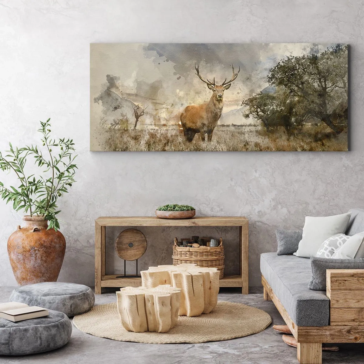 Impression sur toile - Image sur toile - Un cerf dans un cadre naturel dans un style aquarelle - 120x50cm - Dignité - force - majesté - Décoration murale moderne pour le salon et la chambre ARTTOR