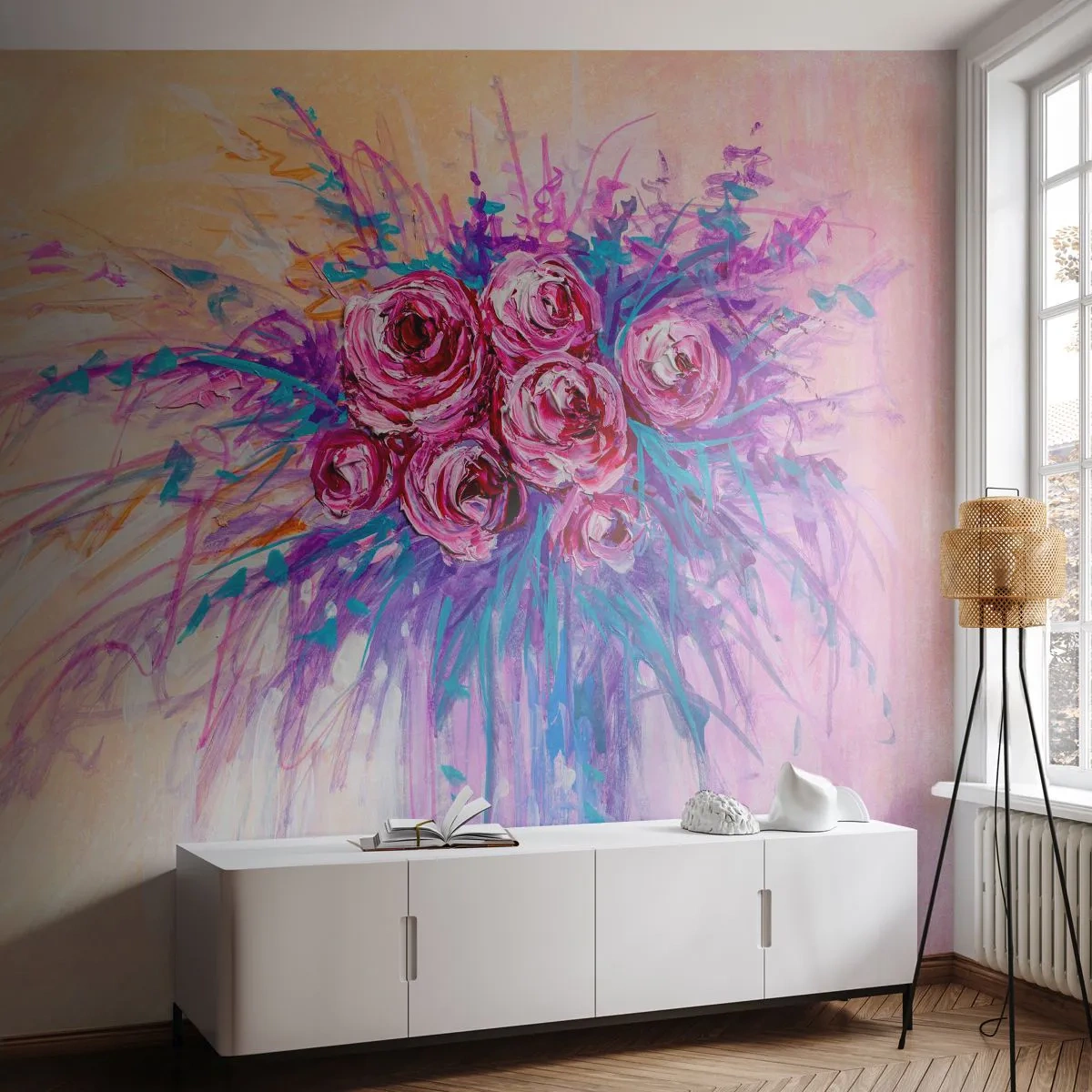 Papier Peint Photo Premium Sand - Un bouquet de roses dans un style aquarelle sur un fond pastel - 100x70cm - Fontaine aux roses - Décoration murale moderne pour le salon et la chambre ARTTOR
