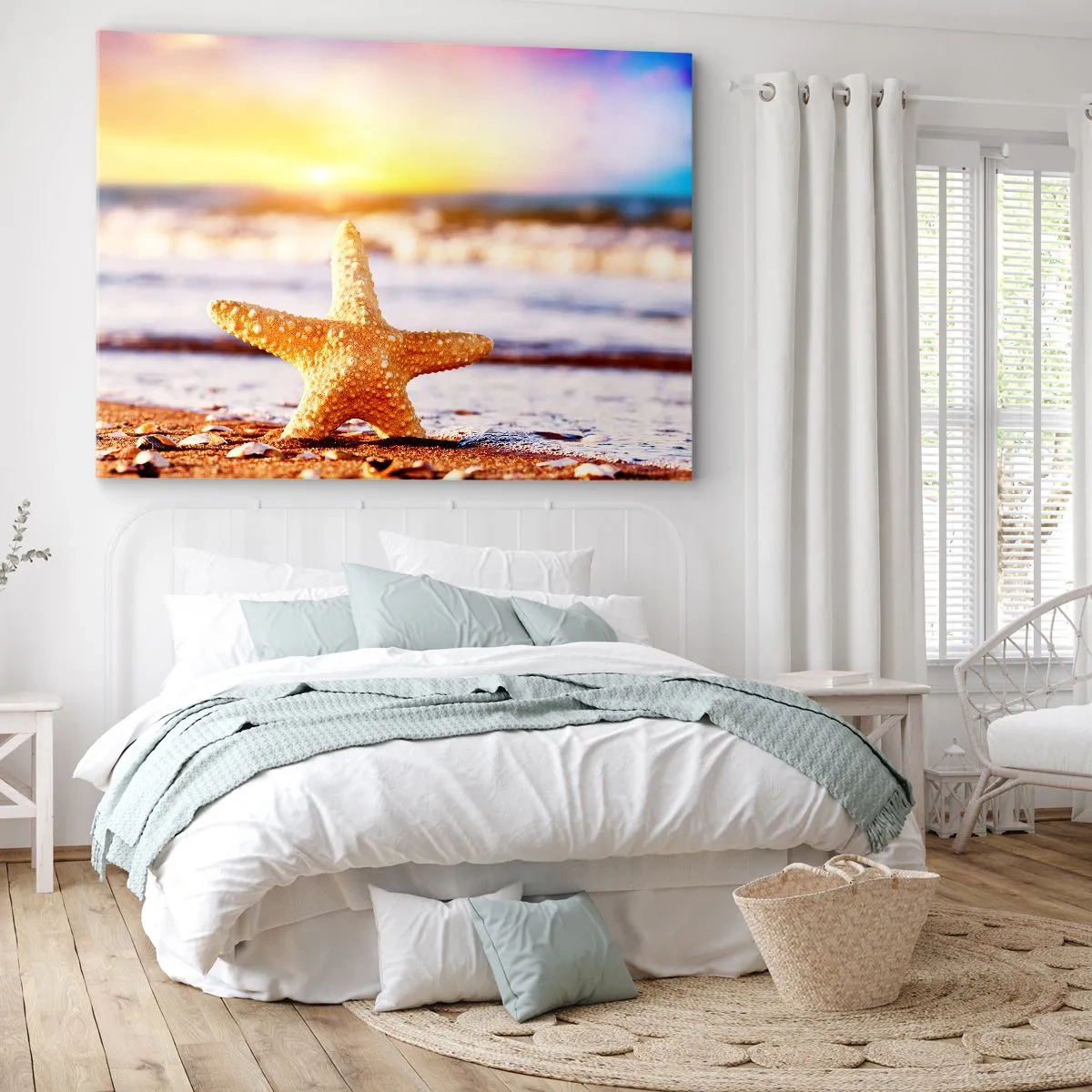 Impression sur toile - Image sur toile - Une étoile de mer sur une plage de sable à la lueur du soleil couchant - 120x80cm - Cadeau de la mer - Décoration murale moderne pour le salon et la chambre ARTTOR