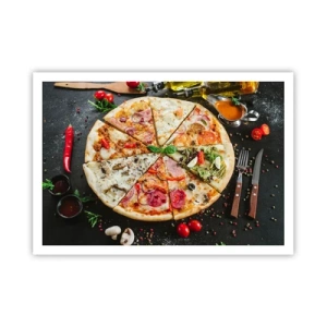 Affiche - Poster - Pizza aux saveurs variées avec un fond de garnitures - 100x70cm - Une gamme de saveurs - Décoration murale moderne pour le salon et la chambre ARTTOR