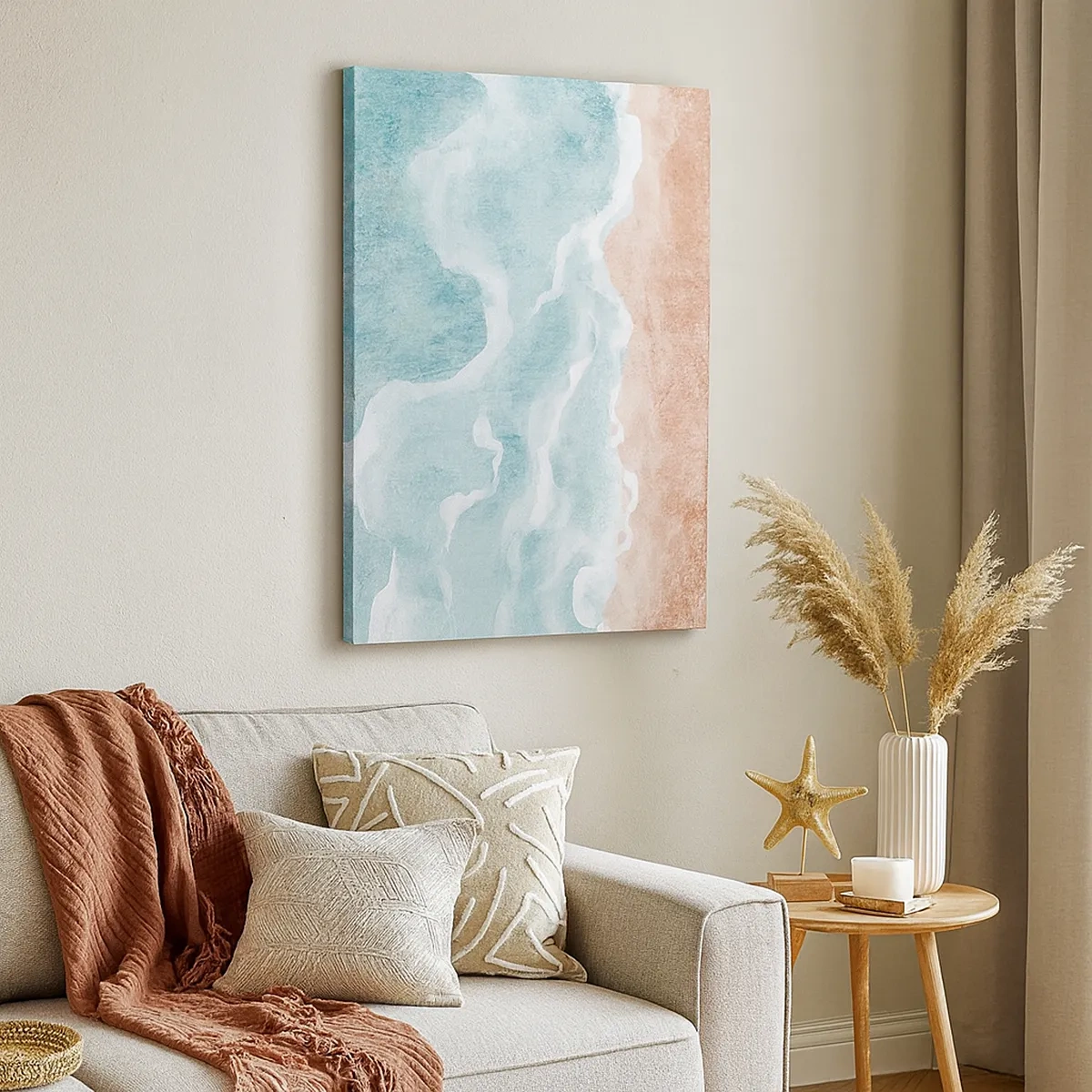 Impression sur toile - Image sur toile - Plage abstraite avec des vagues dans les tons bleus et beiges - 50x70cm - Abstraction du nuage - Décoration murale moderne pour le salon et la chambre ARTTOR