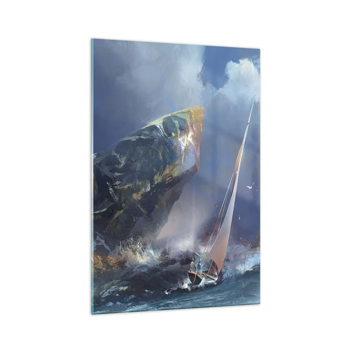 Impression sur verre - Image sur verre - Un voilier dans une tempête au pied d'un rocher massif - 70x100cm - Celui qui est courageux, gagne - Décoration murale moderne pour le salon et la chambre ARTTOR