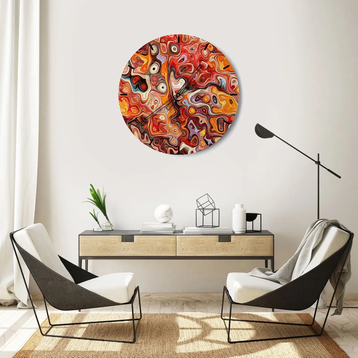 Horloge murale - Pendule murale - Motif abstrait dans les tons de rouge, orange et jaune - 30x30cm - Si les noix fondaient dans du miel - Décoration murale moderne pour le salon, la cuisine et la chambre ARTTOR