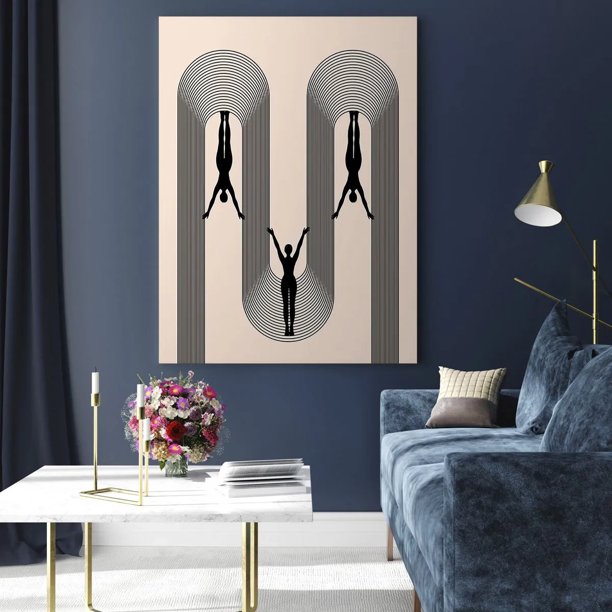 Impression sur verre - Image sur verre - Silhouettes noires de personnages suspendus dans des arcs rythmiques - 50x70cm - Les jambes en l’air - Décoration murale moderne pour le salon et la chambre ARTTOR