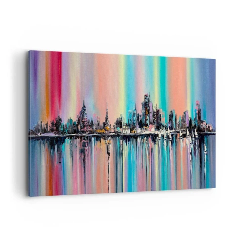 Impression sur toile - Image sur toile - Paysage urbain coloré avec reflet sur l'eau - 120x80cm - Noyé par la lumière de la nuit - Décoration murale moderne pour le salon et la chambre ARTTOR