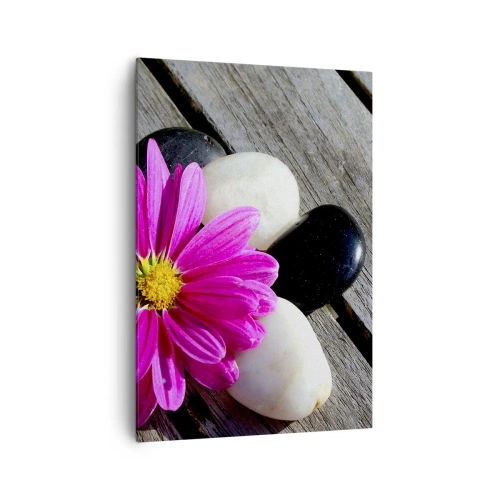 Impression sur toile - Image sur toile - Fleur rose sur un fond de planches de bois avec des pierres - 70x100cm - Repos sur la jetée - Décoration murale moderne pour le salon et la chambre ARTTOR