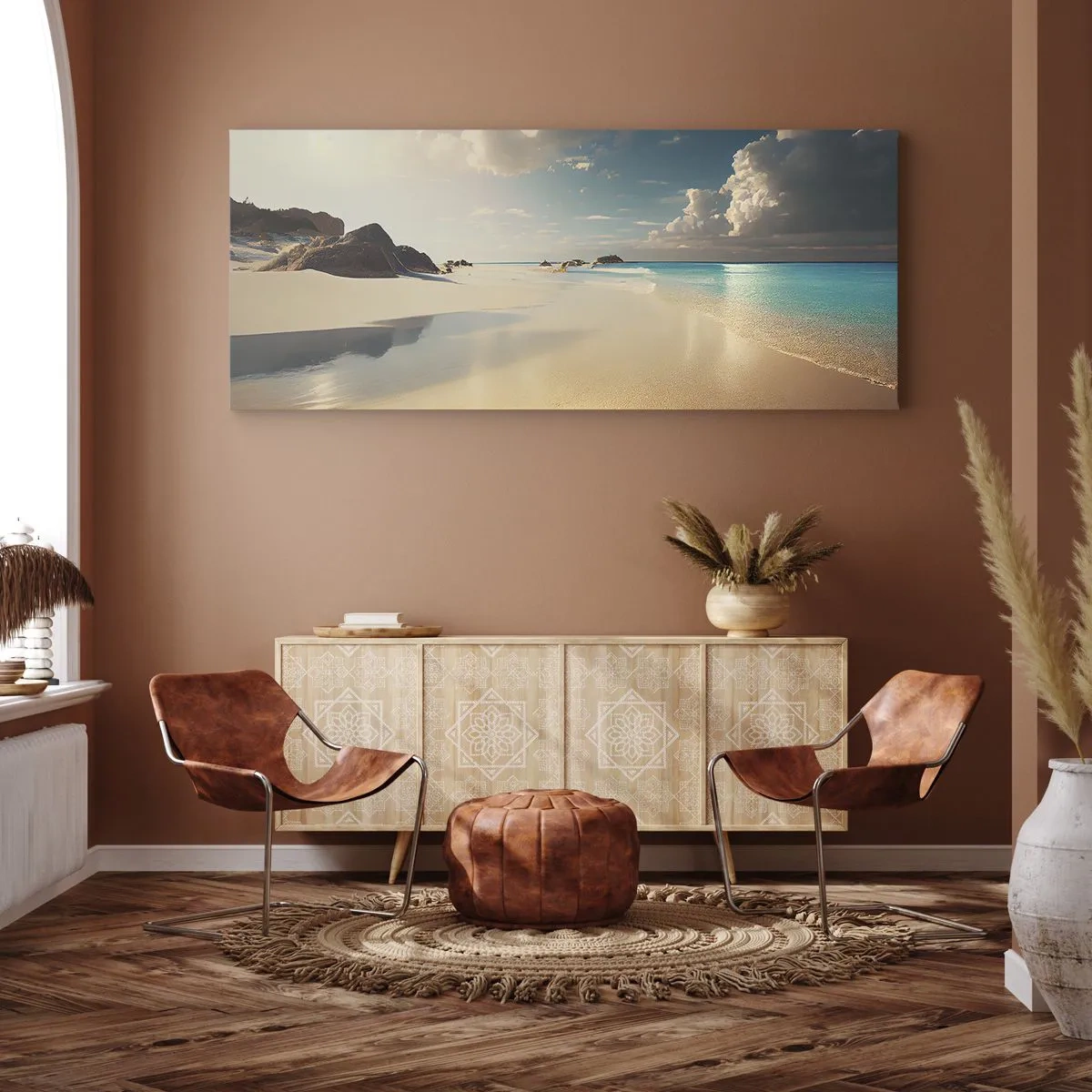 Impression sur toile - Image sur toile - Une plage ensoleillée avec une mer bleue et des rochers - 140x50cm - Une journée de rêve - Décoration murale moderne pour le salon et la chambre ARTTOR