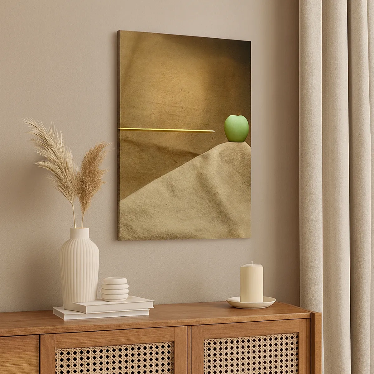 Impression sur toile - Image sur toile - Pomme verte sur tissu avec une flèche créant une composition - 50x70cm - Invoquer l'esprit de Guillaume Tell - Décoration murale moderne pour le salon et la chambre ARTTOR