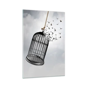 Impression sur verre - Image sur verre - Des oiseaux s'envolent d'une cage dans le ciel - 70x100cm - Foie...Espoir...Liberté! - Décoration murale moderne pour le salon et la chambre ARTTOR