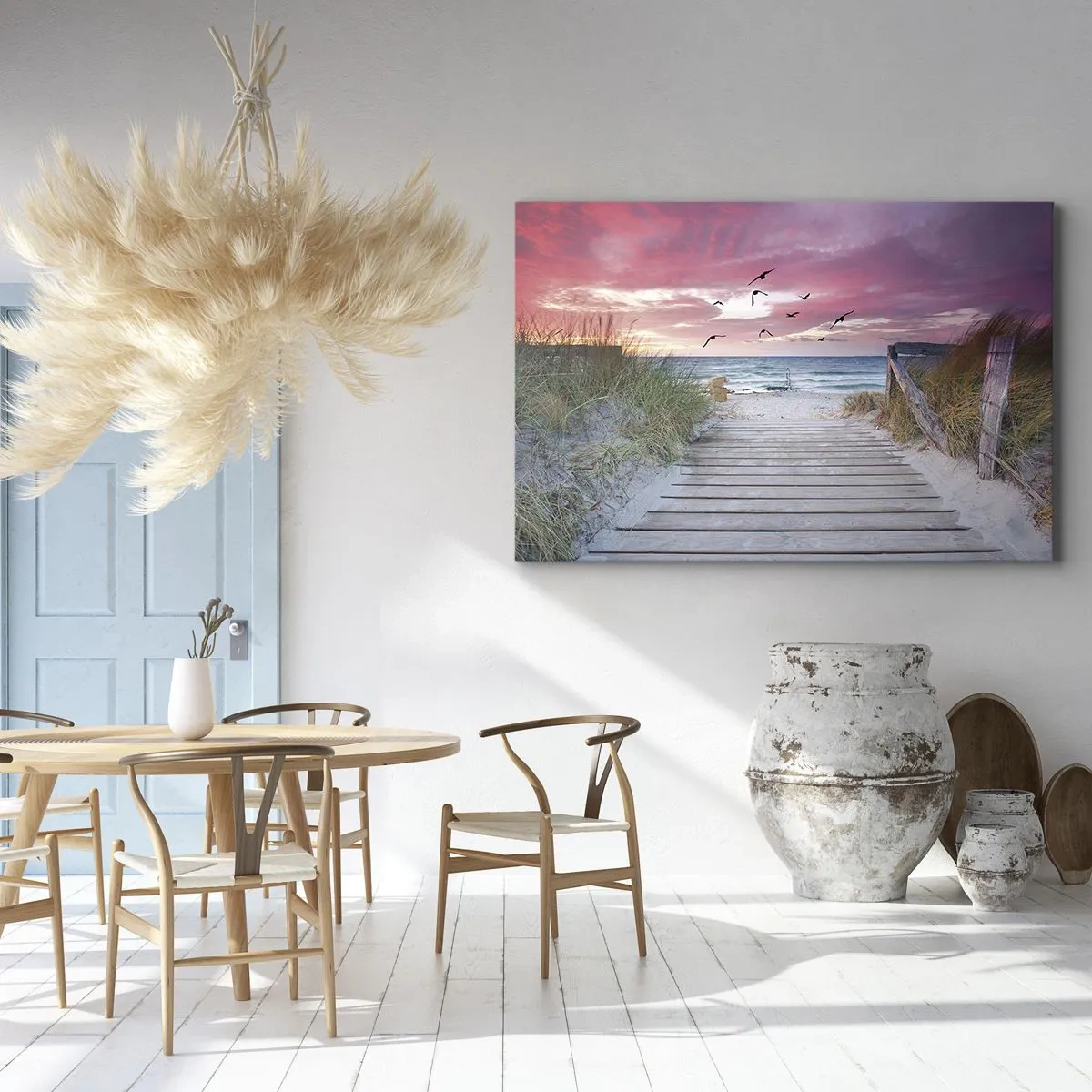 Impression sur toile - Image sur toile - Chemin en bois sur la plage au coucher du soleil rose - 100x70cm - Impression de la Baltique - Décoration murale moderne pour le salon et la chambre ARTTOR