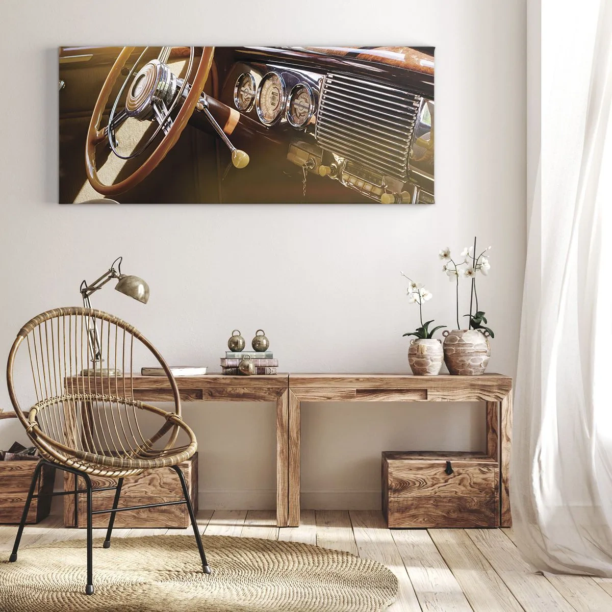 Impression sur toile - Image sur toile - Gros plan de l'intérieur d'une voiture classique avec des détails en bois et en chrome. - 120x50cm - Souffle de luxe venu du passé - Décoration murale moderne pour le salon et la chambre ARTTOR