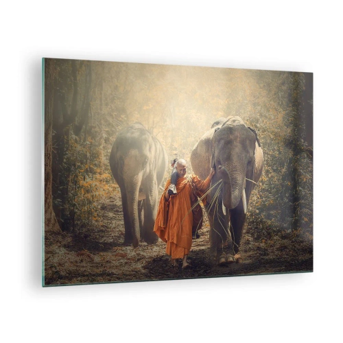 Impression sur verre - Image sur verre - Un moine avec deux éléphants dans un décor forestier - 70x50cm - Compréhension totale - Décoration murale moderne pour le salon et la chambre ARTTOR