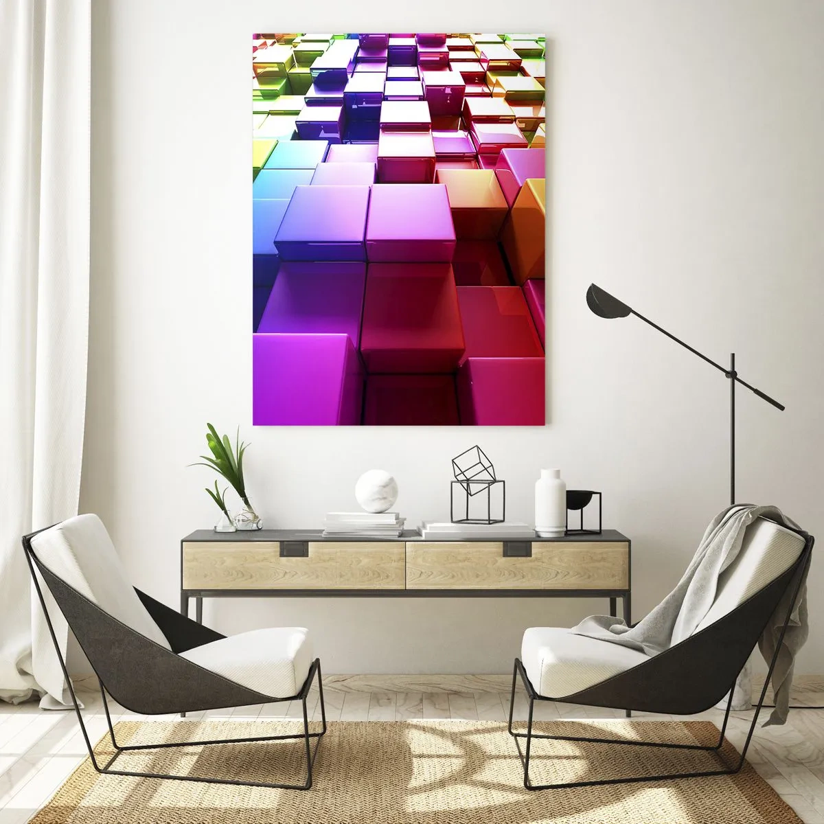 Impression sur verre - Image sur verre - Cubes géométriques 3D colorés - 70x100cm - Collaboration Op art dans une équipe - Décoration murale moderne pour le salon et la chambre ARTTOR