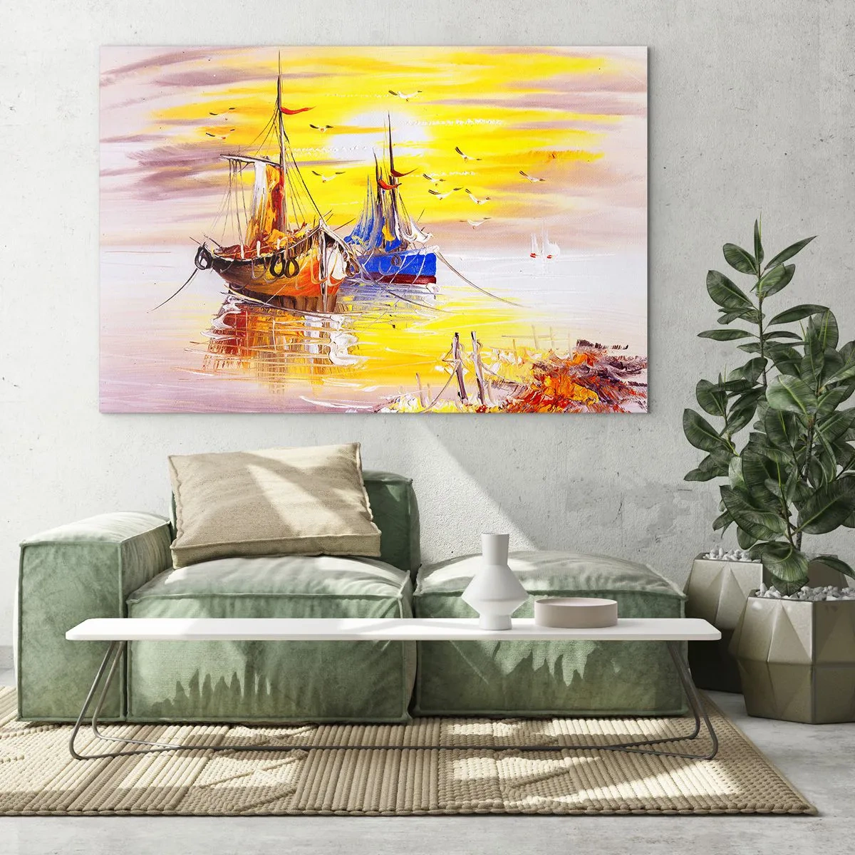 Impression sur verre - Image sur verre - Bateaux de pêche au coucher du soleil sur une eau calme - 120x80cm - Un repos bien mérité au port - Décoration murale moderne pour le salon et la chambre ARTTOR