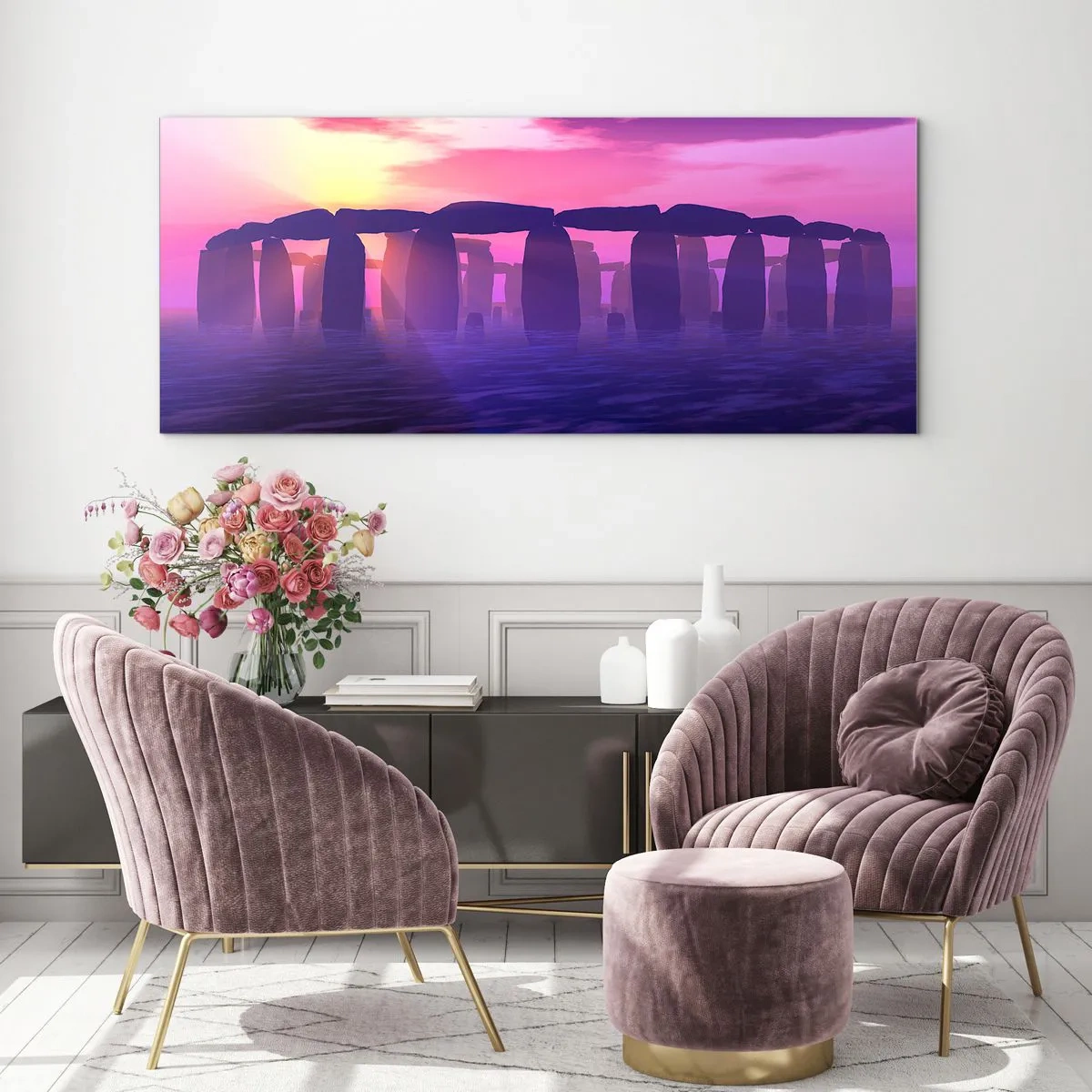 Impression sur verre - Image sur verre - Cercle de pierres au coucher du soleil avec un ciel violet - 120x50cm - Mystère à l'aube dans le brouillard - Décoration murale moderne pour le salon et la chambre ARTTOR