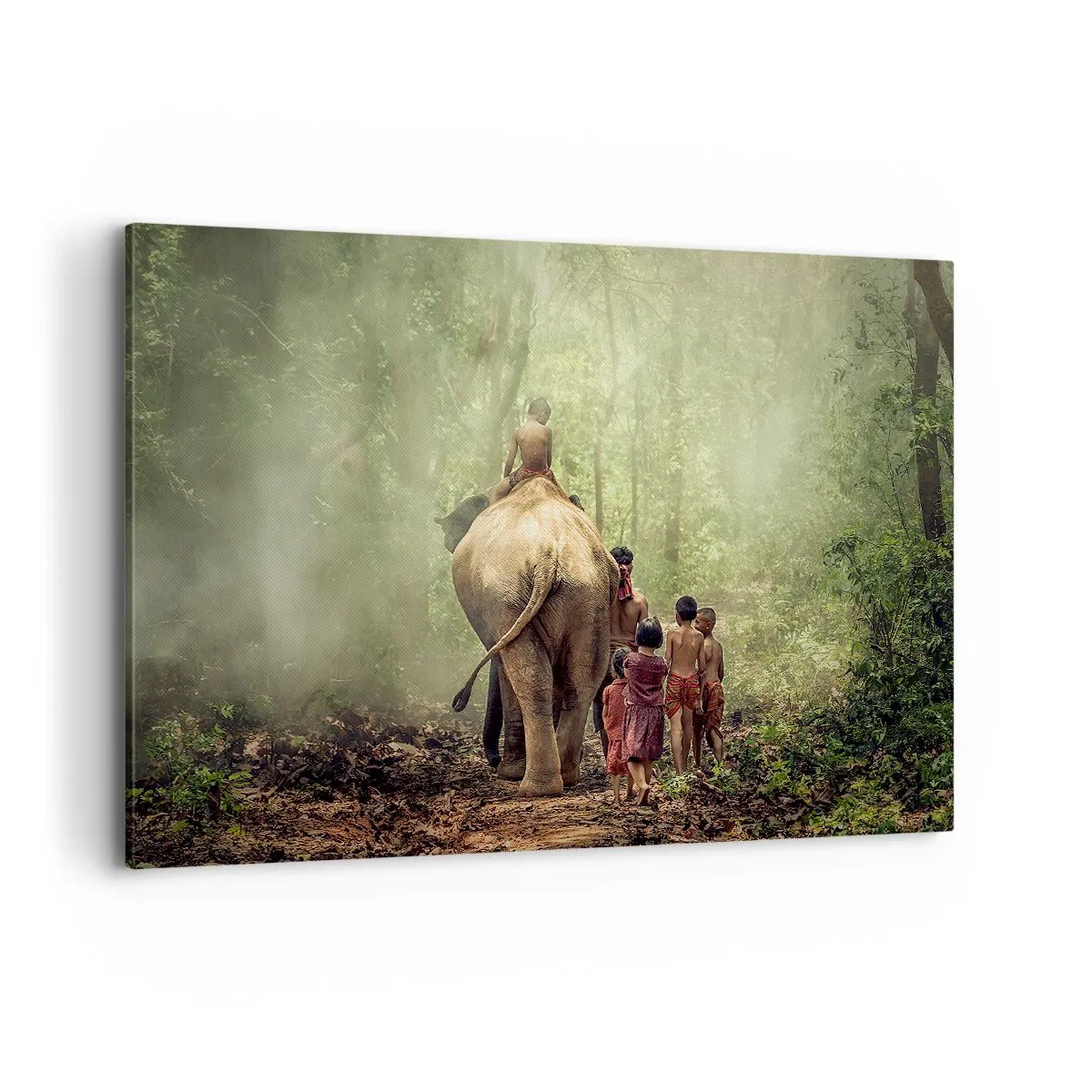 Impression sur toile - Image sur toile - Enfants avec un éléphant dans une forêt verte à la lumière du matin - 120x80cm - Nouveau livre de la jungle - Décoration murale moderne pour le salon et la chambre ARTTOR