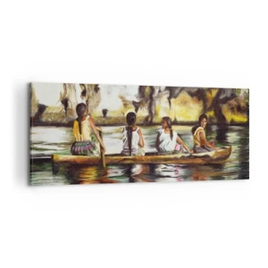 Impression sur toile - Image sur toile - Femmes dans un bateau sur une rivière calme avec un arrière-plan pittoresque - 120x50cm - Dans un paradis polynésien - Décoration murale moderne pour le salon et la chambre ARTTOR