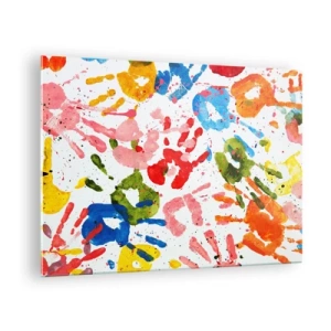 Impression sur verre - Image sur verre - Empreintes de mains colorées sur fond blanc - 70x50cm - Suivez les traces - Décoration murale moderne pour le salon et la chambre ARTTOR