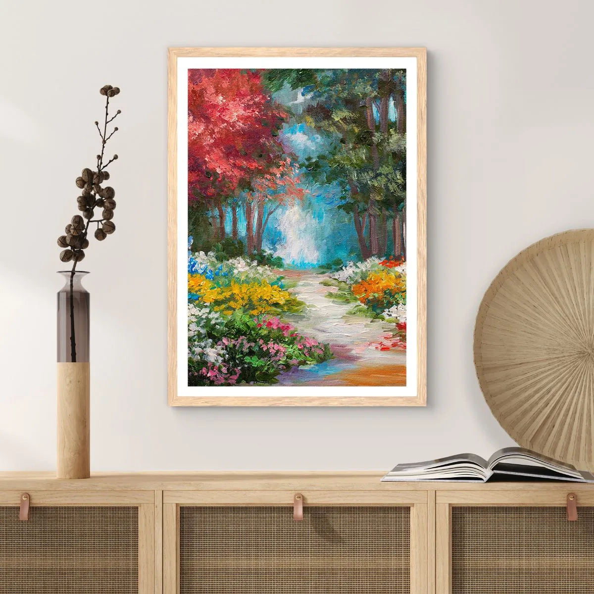 Affiche dans un chêne clair - Poster - Jardin forestier, forêt de fleurs - 30x40 cm